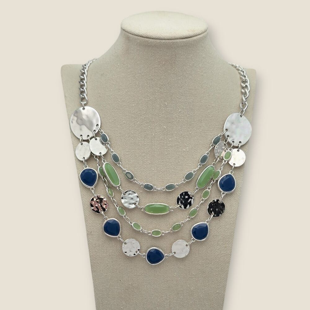 Blue Green Layered Necklace Silver Tone Disc Layered Chain Modern Chic